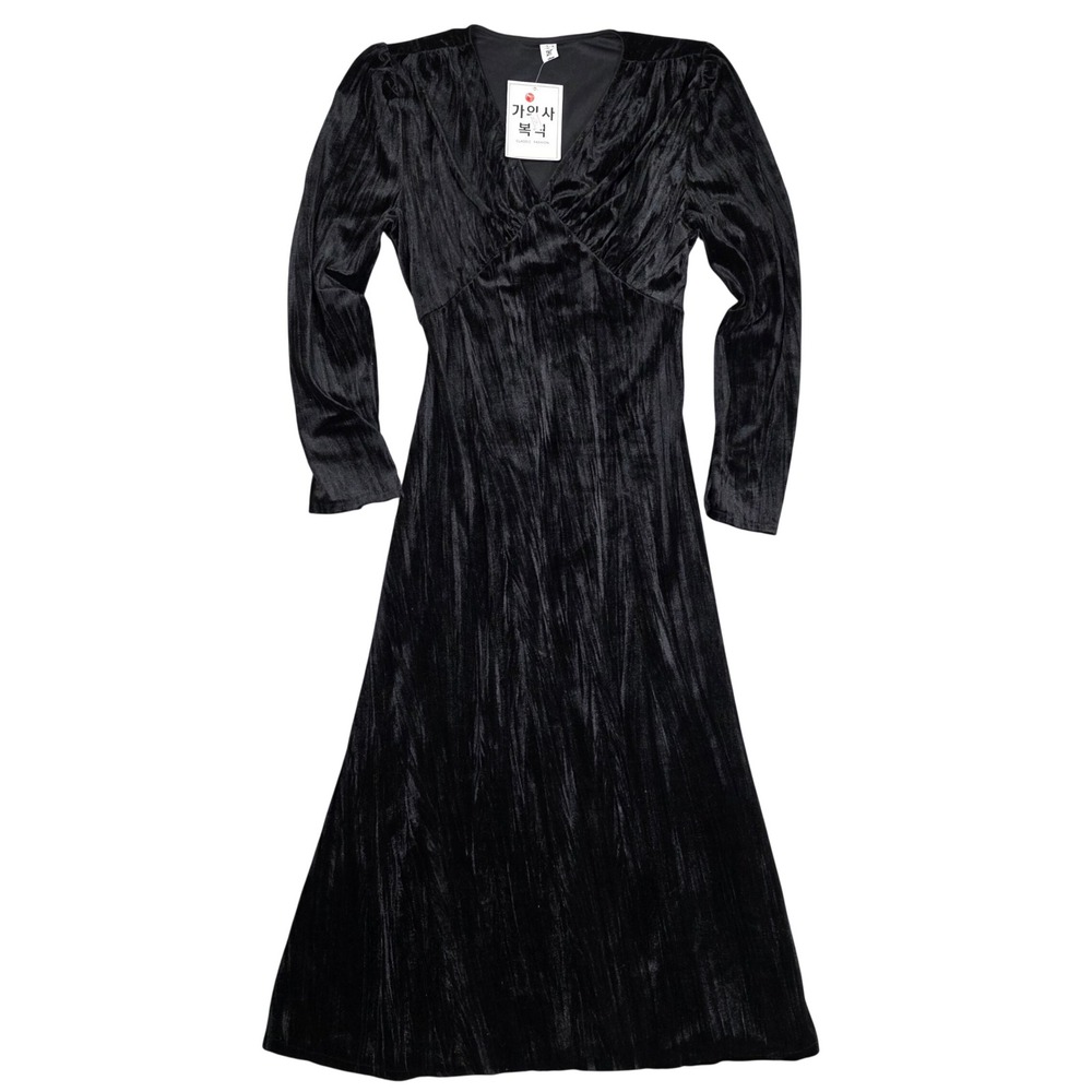 Long Sleeve Velvet V-Neck Victorian Style Velvet Maxi Dress Women's L Black NEW
